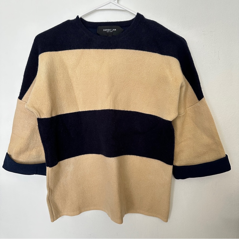 Derek Lam Wool Striped Color Block Sweater  Navy Tan size Medium